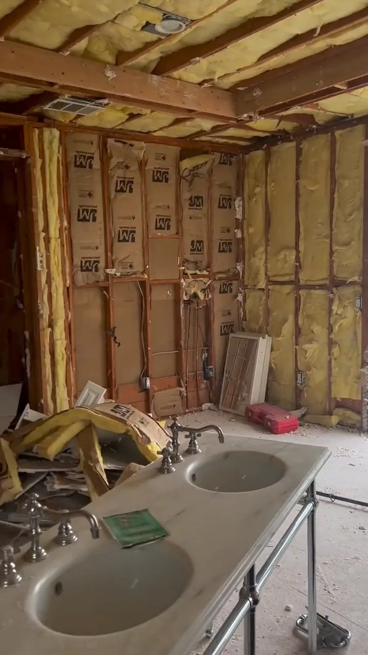 A double sink vanity still standing in a bathroom stripped to the studs during demolition