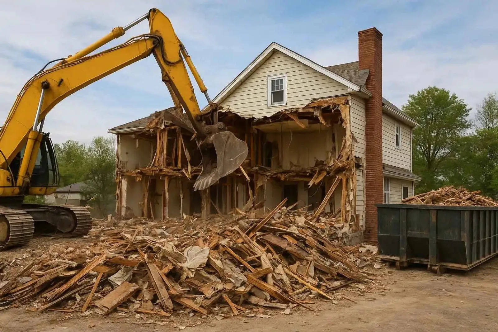 Excavator working through the debris of a demolished house beside a dumpster